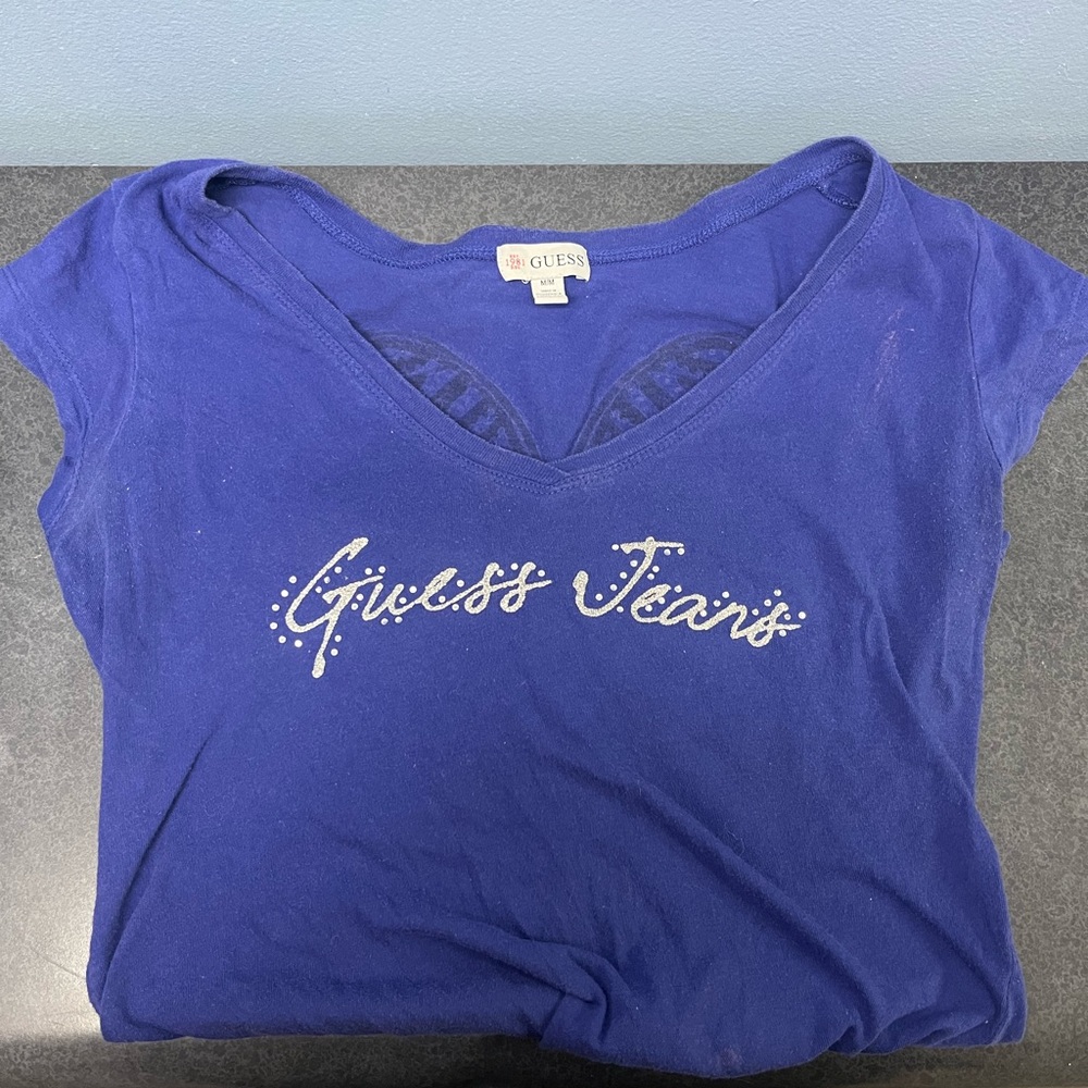 Blue GUESS T-Shirt with Silver Wing Design 💙🩵🩶